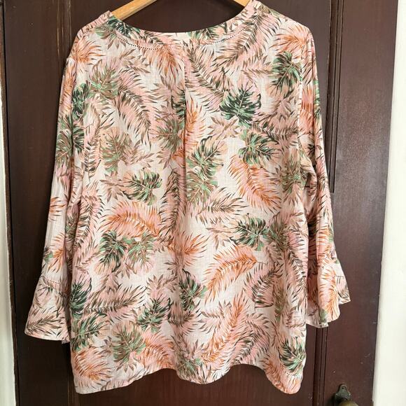 J.JILL | Pink and Green Tropical Print Linen Bell Sleeve Flounce Shirt Large - Picture 2 of 8